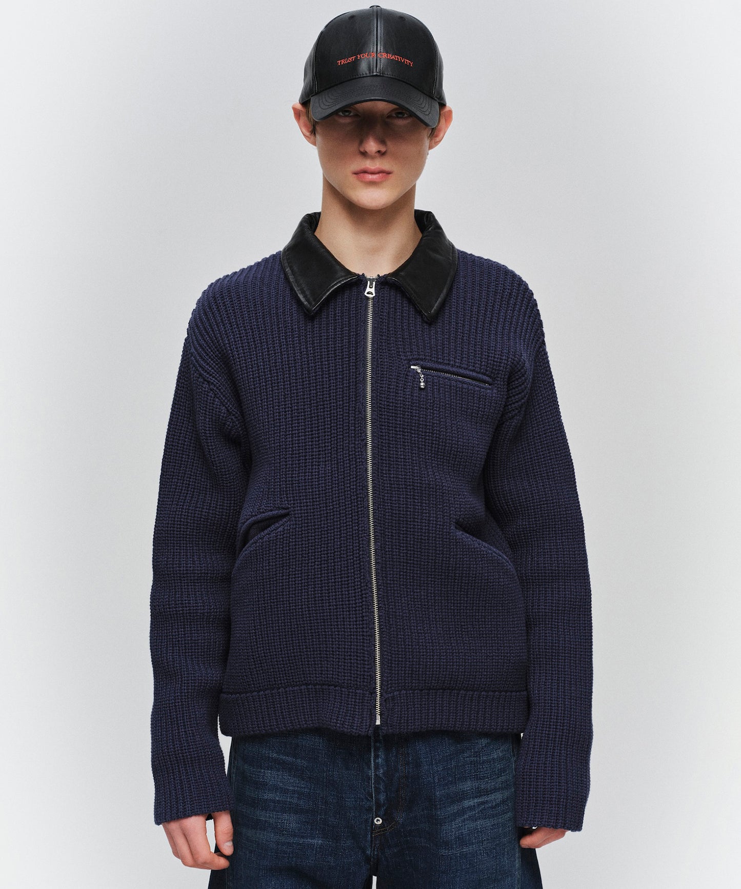 LEATHER-COLLAR KNIT WORK JACKET