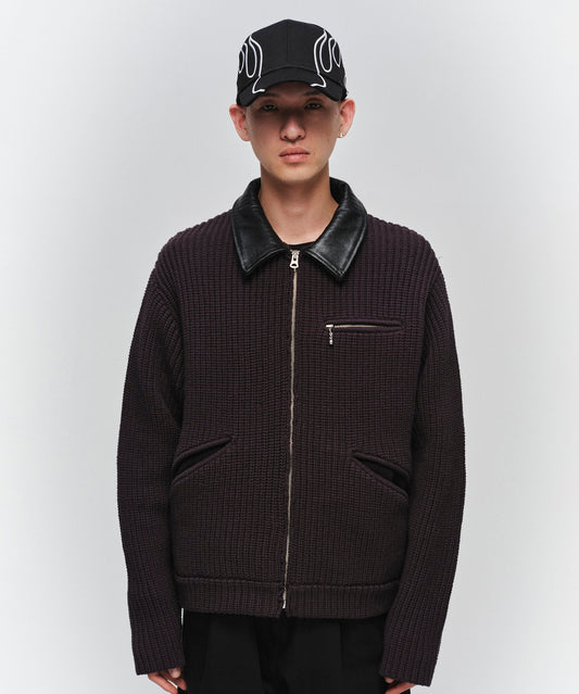 LEATHER-COLLAR KNIT WORK JACKET
