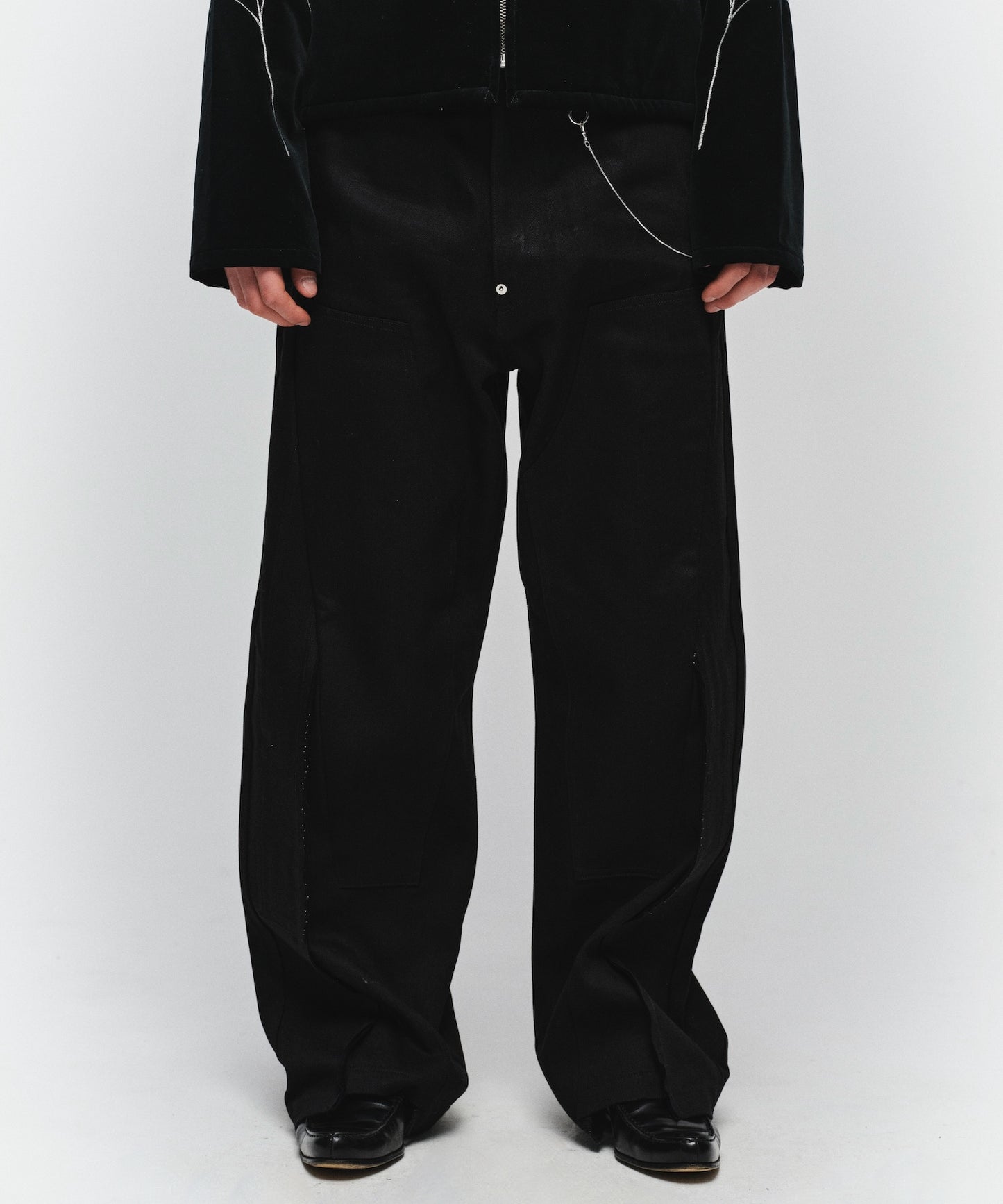 CUT OFF DOUBLE KNEE DENIM PANTS