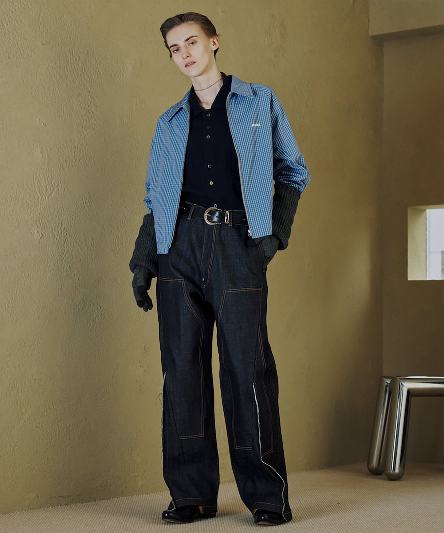 CUT OFF DOUBLE KNEE DENIM PANTS