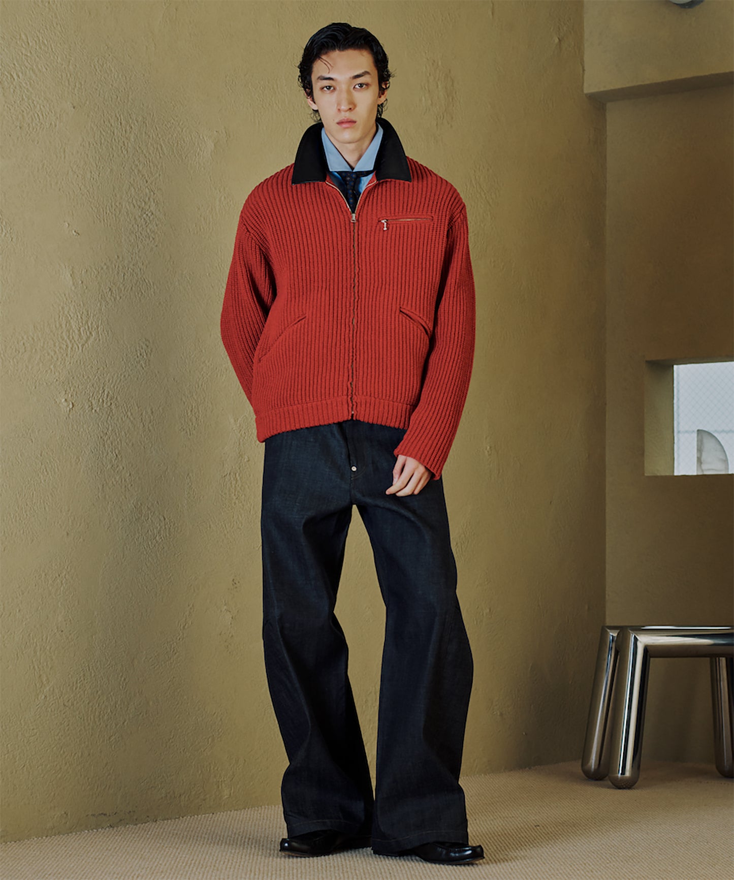 LEATHER-COLLAR KNIT WORK JACKET