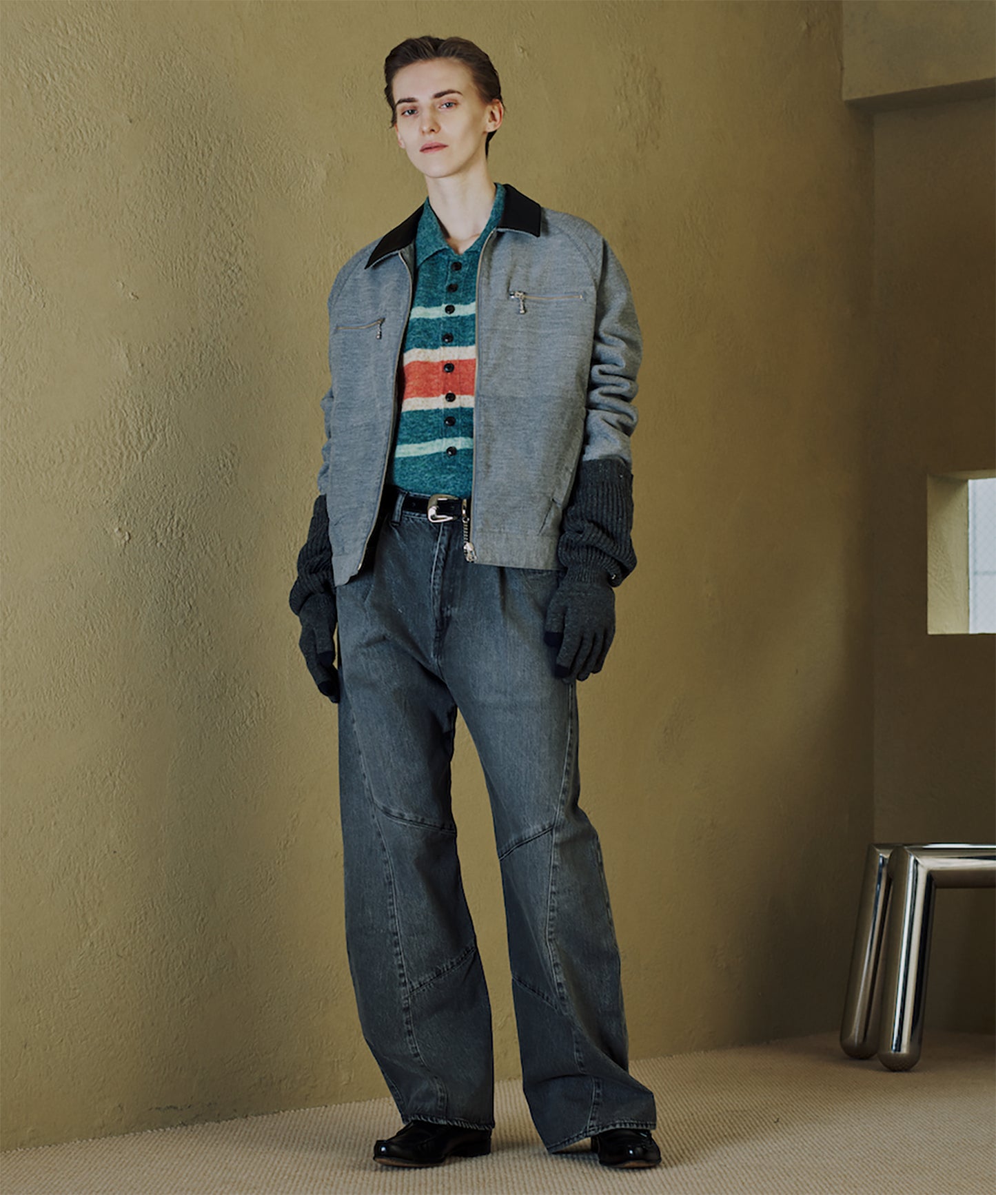 USED WASH ENGINEERED DRAPED FLARE DENIM PANTS