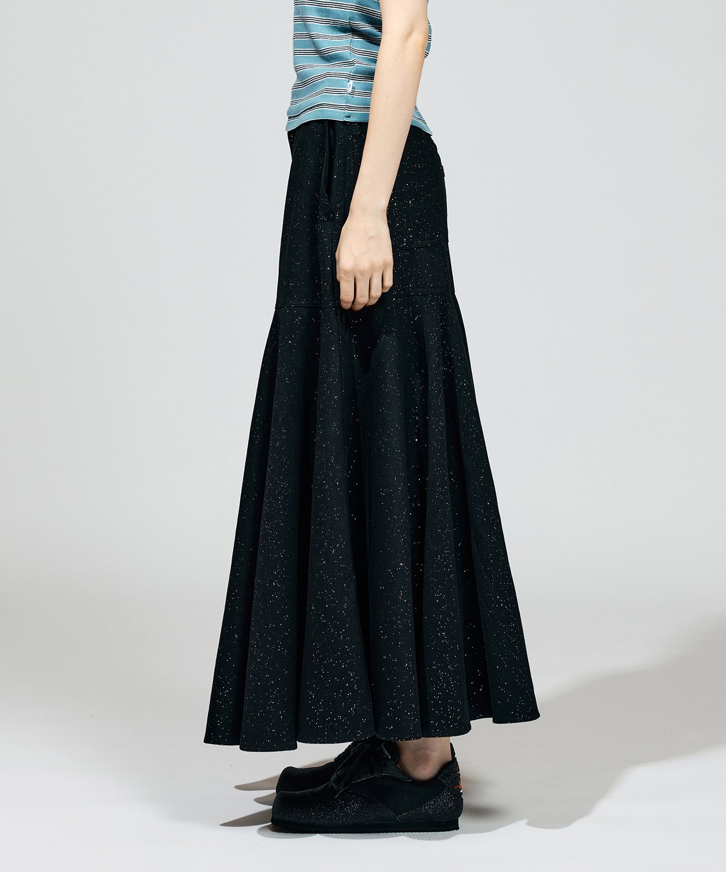 LAME DENIM FLARE SKIRT【商品納期 2月下旬】