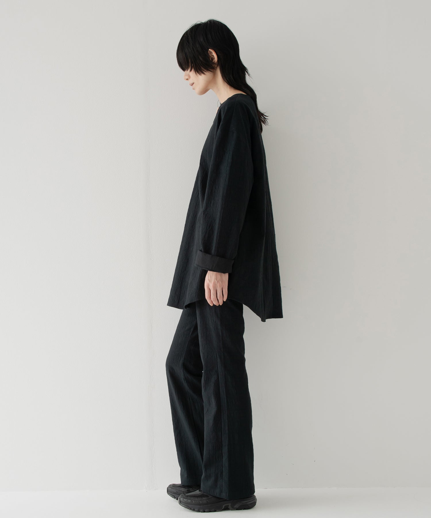 高橋ページ forksy.】オーバーサイズワッフルヘンリーネック配色ステッチTシャツ