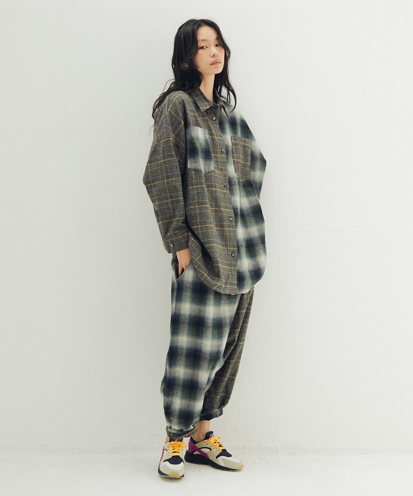 Half flannel check big shirt
