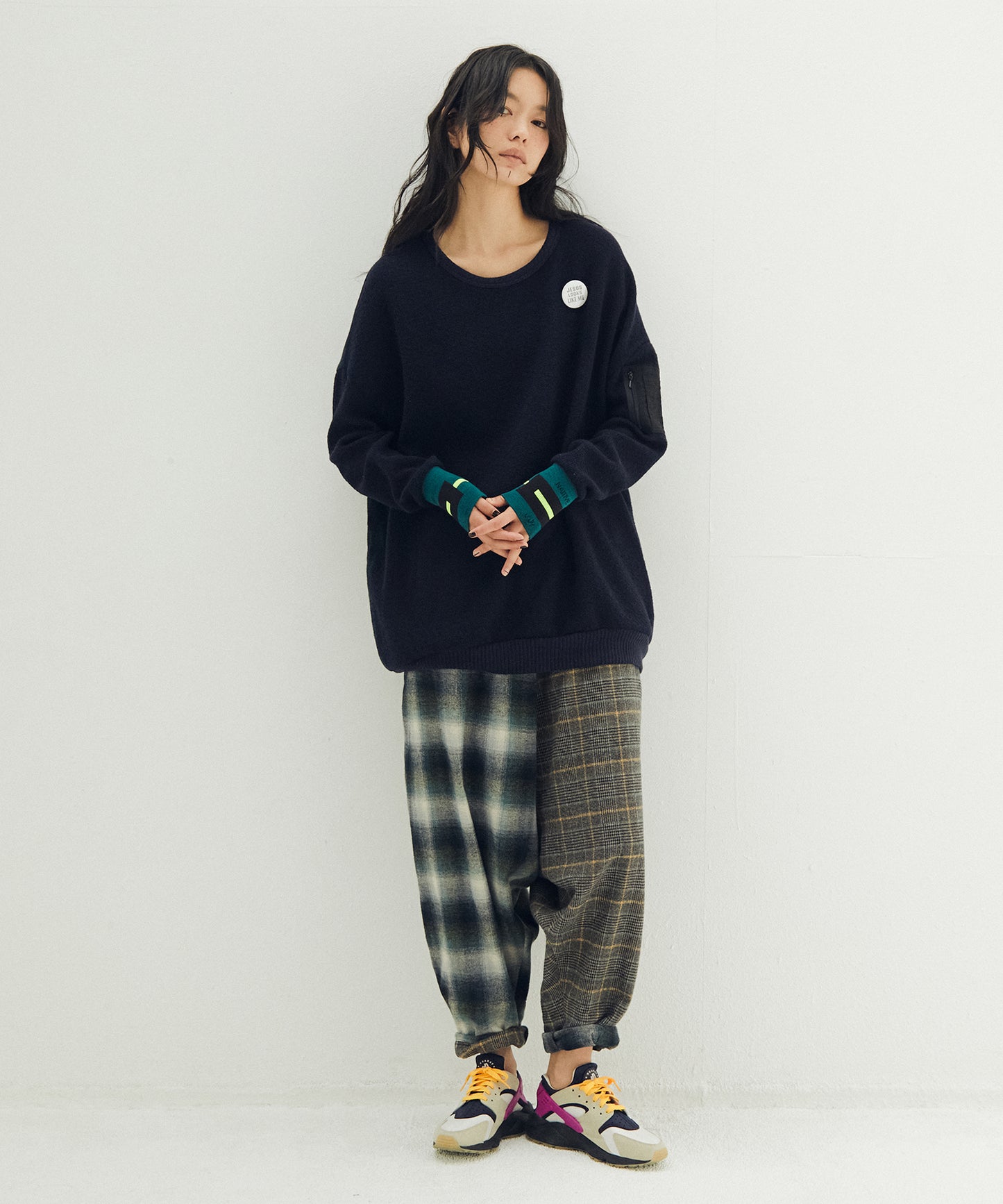 Half flannel check Wide Pants