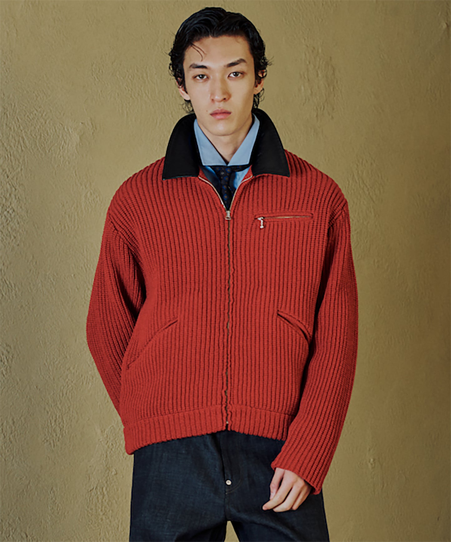 LEATHER-COLLAR KNIT WORK JACKET