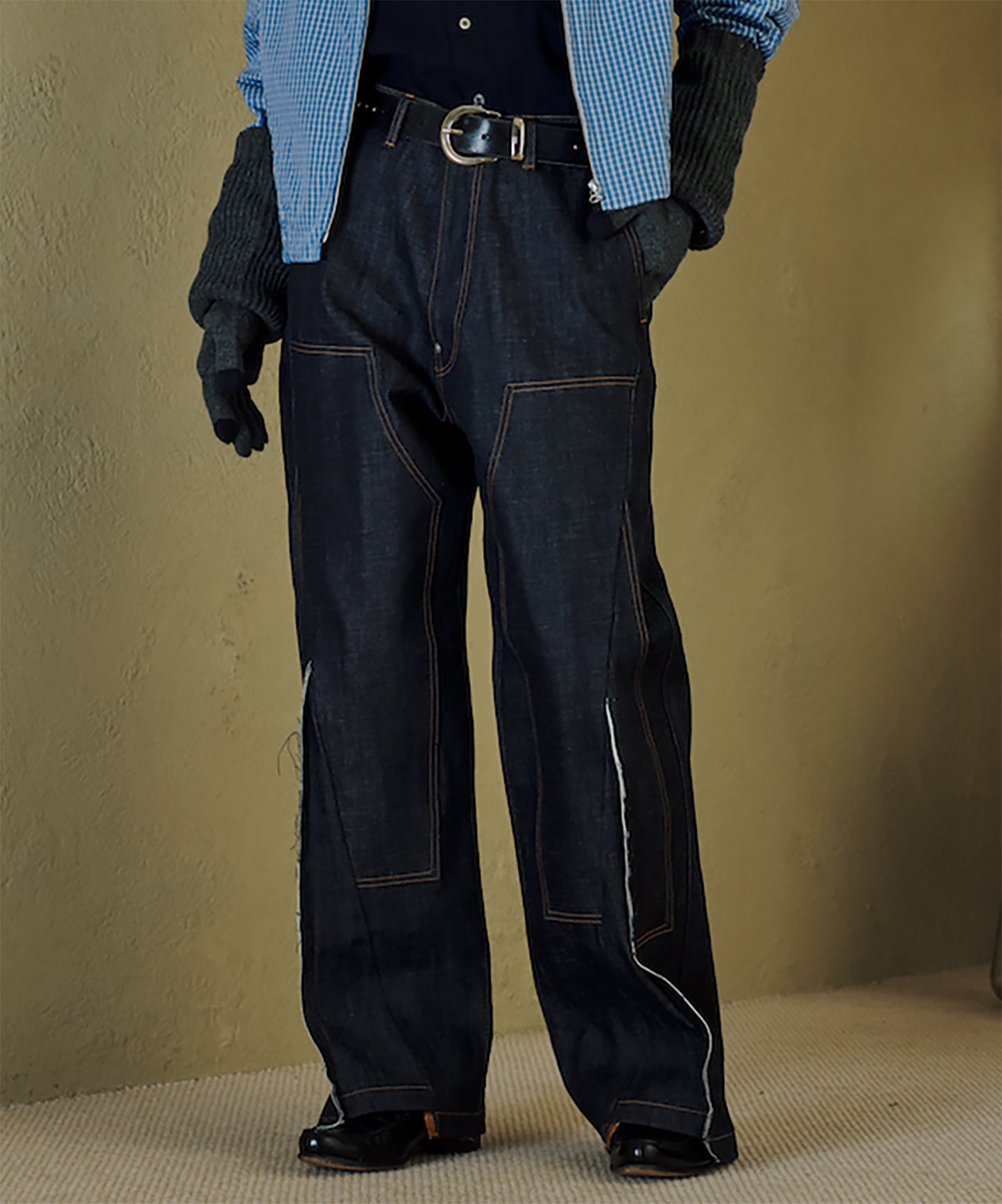 CUT OFF DOUBLE KNEE DENIM PANTS