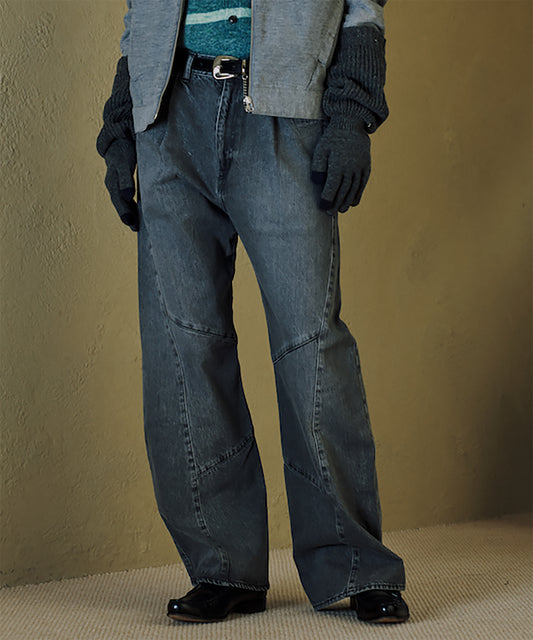 USED WASH ENGINEERED DRAPED FLARE DENIM PANTS