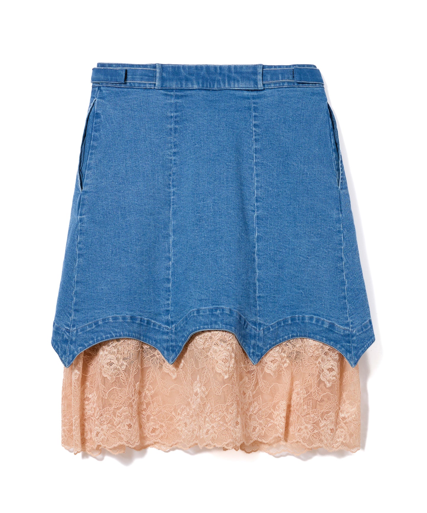 BATWING HEM DENIM & LACE SKIRT