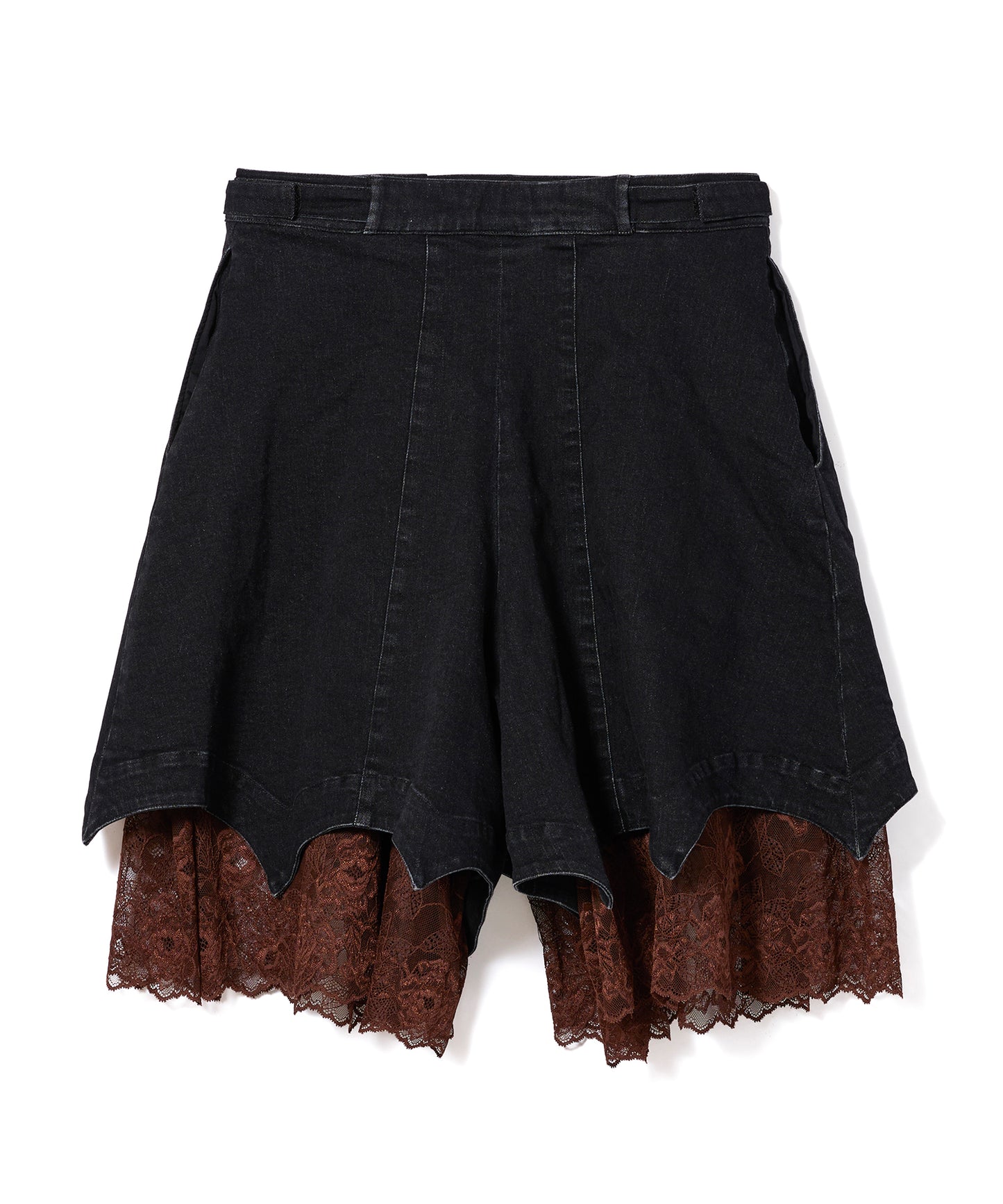 BATWING HEM DENIM & LACE SHORTS