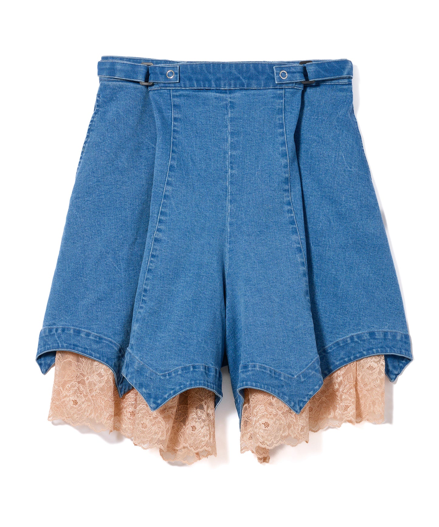 BATWING HEM DENIM & LACE SHORTS