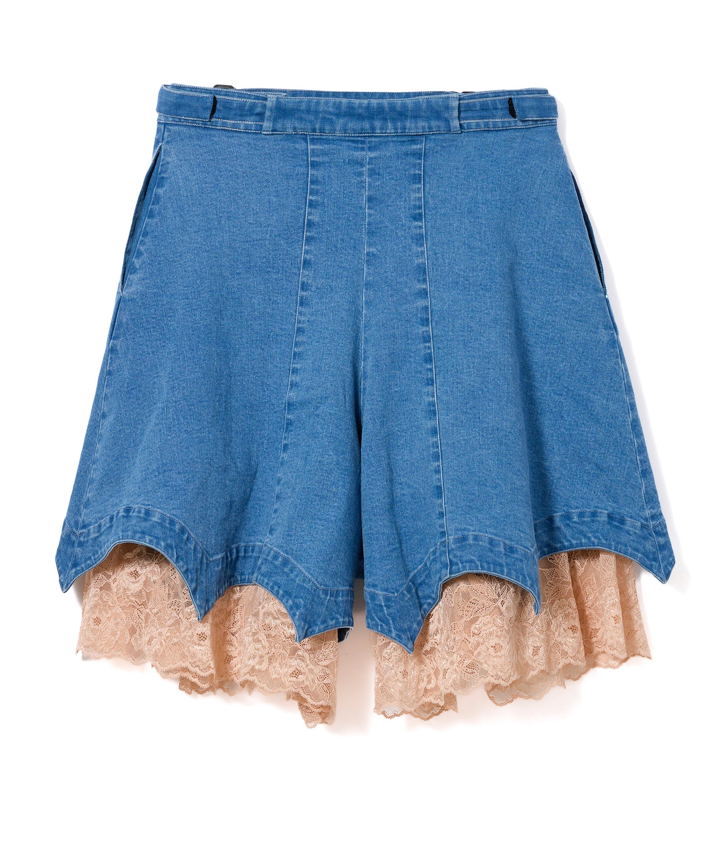 BATWING HEM DENIM & LACE SHORTS