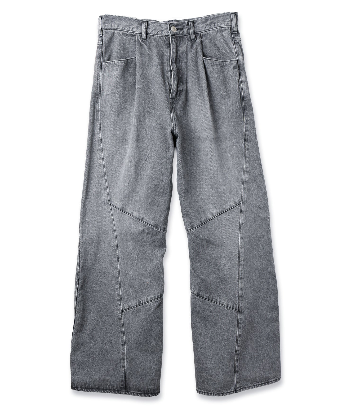 USED WASH ENGINEERED DRAPED FLARE DENIM PANTS