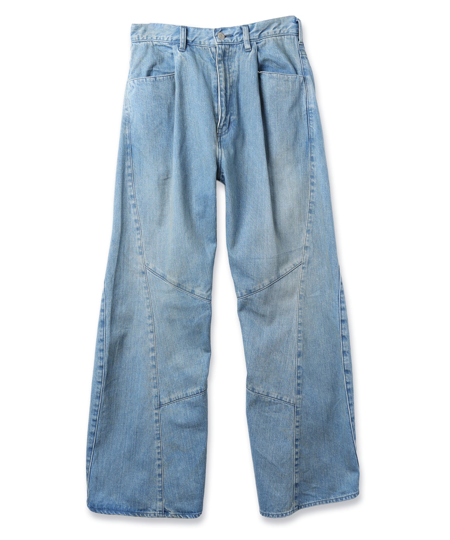 USED WASH ENGINEERED DRAPED FLARE DENIM PANTS