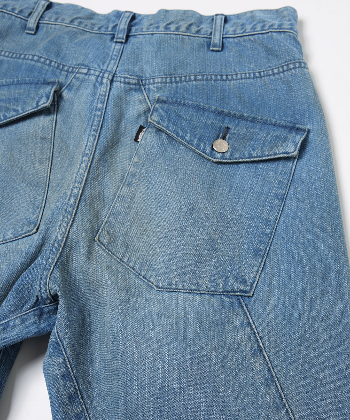 USED WASH ENGINEERED DRAPED FLARE DENIM PANTS