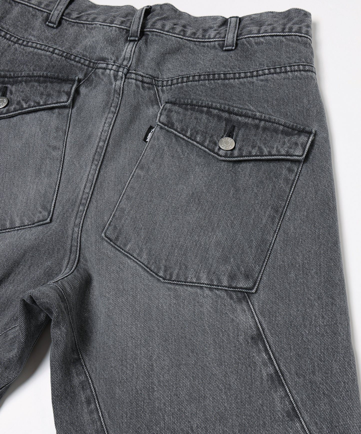 USED WASH ENGINEERED DRAPED FLARE DENIM PANTS